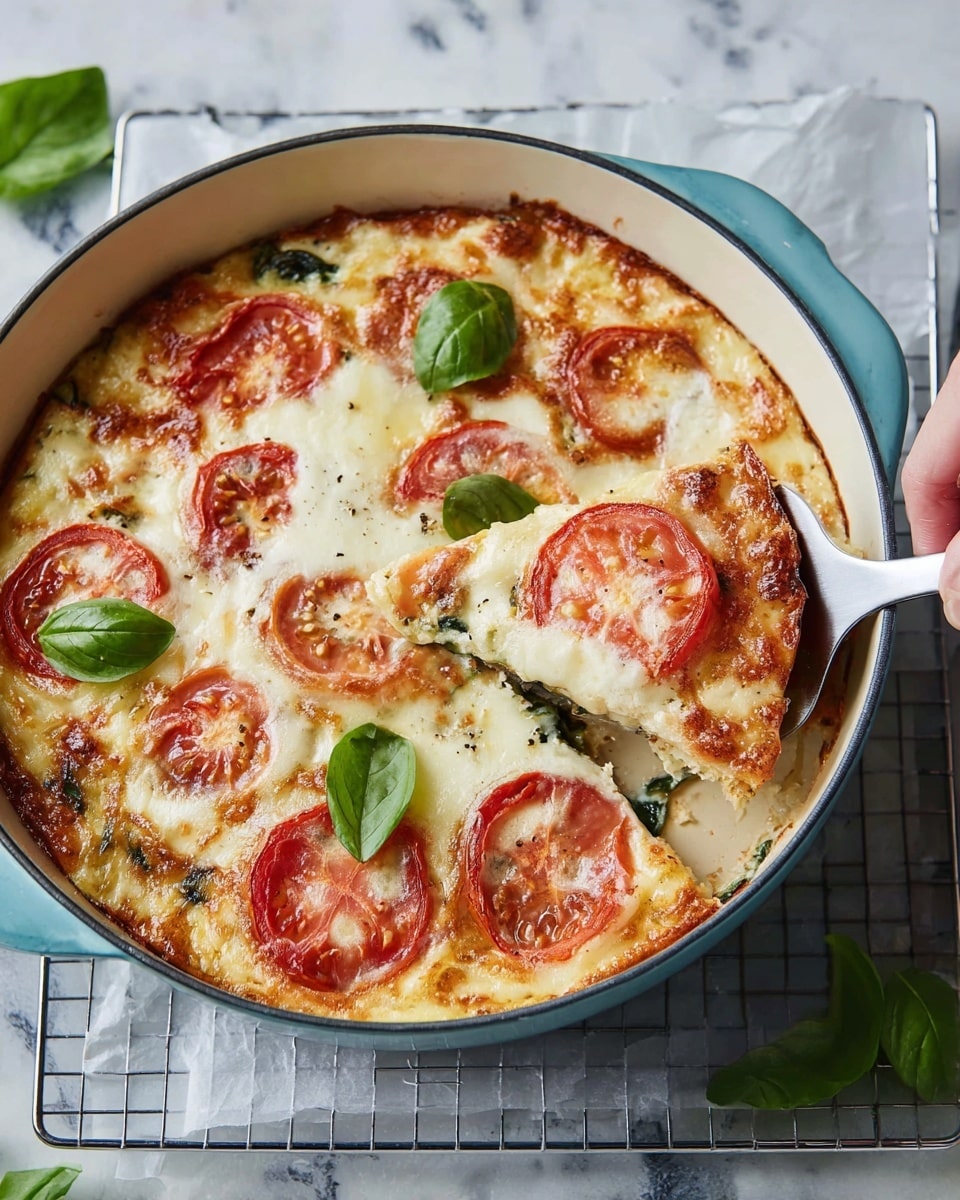 A round white baking dish holds a layered tomato and cheese casserole. The top layer shows large red tomato slices topped with melted, slightly browned white cheese and scattered shredded cheese. Fresh green basil leaves add a touch of color. Underneath, the creamy cheese layer has a soft texture with some hints of green vegetables peeking through. The baking dish sits on a rack over a white marbled surface, while a metal spatula with a black handle lifts one slice from the dish. Photo taken with an iphone --ar 4:5 --v 7
