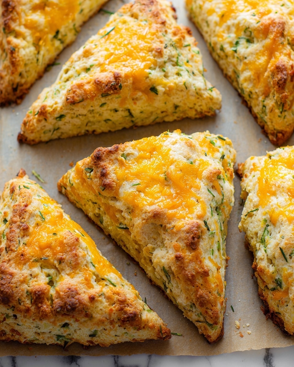 The image shows several triangular scones with a rough, crumbly texture, arranged closely on a baking tray lined with parchment paper. Each scone layer is pale with visible green bits spread throughout, suggesting herbs or vegetables mixed in. The top layer is uneven and covered with melted orange cheddar cheese, which has browned in some places, giving a slightly crispy look. The edges of the scones are thick and firm, showing a solid base beneath the cheesy top. The background surface is a white marbled texture. Photo taken with an iphone --ar 4:5 --v 7