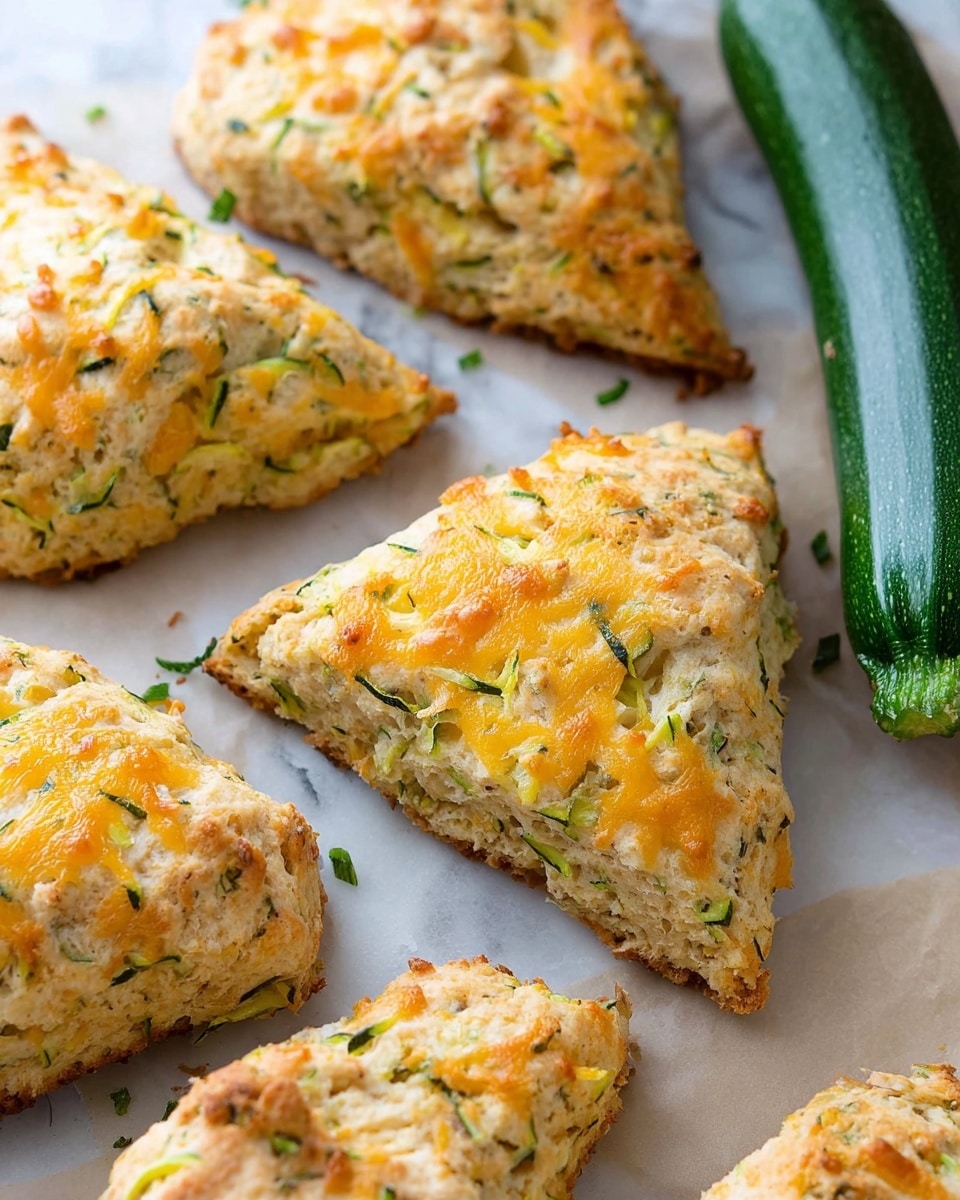 The image shows several triangular scones placed on parchment paper over a white marbled surface. Each scone has a slightly rough texture and a golden-brown baked crust sprinkled with melted cheddar cheese and green herbs, mostly shredded zucchini visible within the dough. The scones appear thick with a crumbly inside, showing a mix of pale beige dough combined with bits of green and orange. A whole dark green zucchini is placed near the top right side of the frame, adding a fresh contrast to the warm colors of the scones. Photo taken with an iphone --ar 4:5 --v 7