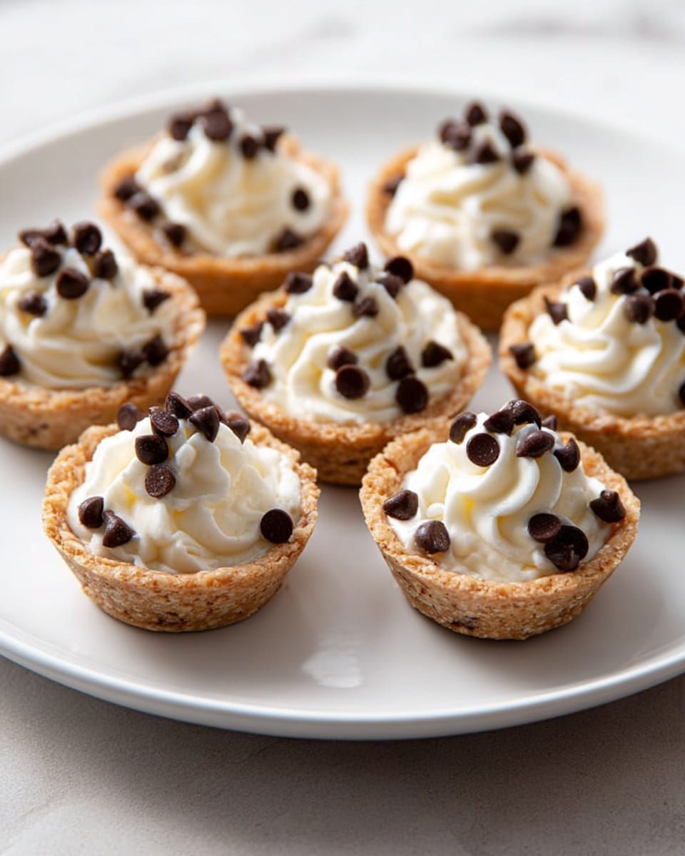 There are six small tarts on a large white plate with a white marbled texture background. Each tart has a light brown crust base that looks firm and slightly crumbly. The tarts are filled with a thick, creamy white whipped topping, swirled into a soft peak. On top of the cream, small dark brown chocolate chips are scattered evenly, giving a nice contrast in color and texture. The tarts are arranged in a loose circle with some space between them. Photo taken with an iphone --ar 4:5 --v 7