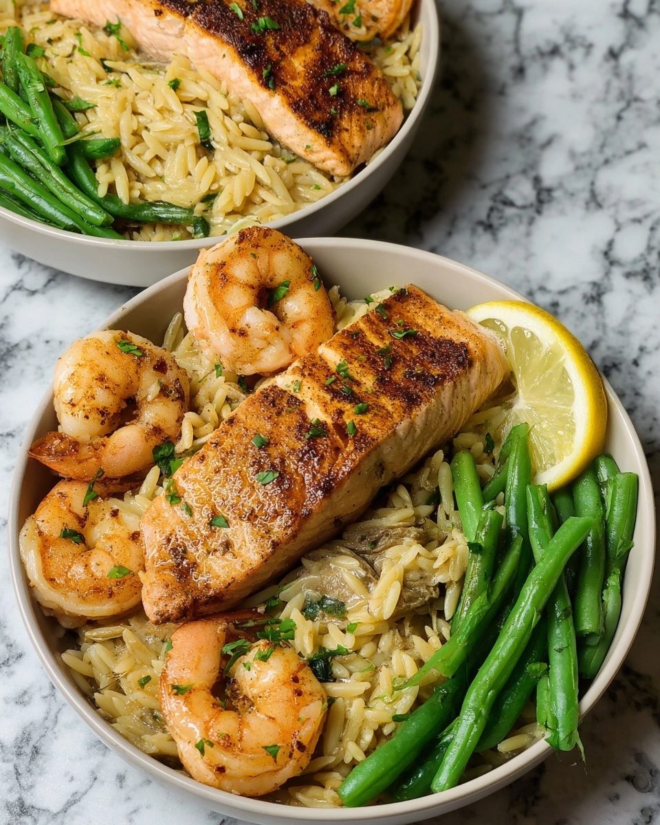 Two white bowls sit on a white marbled surface, each with a meal showing three layers. The bottom layer is a bed of creamy, light brown rice mixed with small green herb pieces. The middle layer is a piece of grilled salmon with a crispy dark golden-brown skin and glistening cooked texture, resting diagonally across the rice. Surrounding the salmon on the rice are several curled, orange-pink shrimp seasoned with black pepper and herbs. The top layer on one side shows fresh, bright green cooked green beans placed neatly in a pile. Each bowl is garnished with a thin, round slice of pale yellow lemon, positioned near the green beans. The photo taken with an iphone --ar 4:5 --v 7