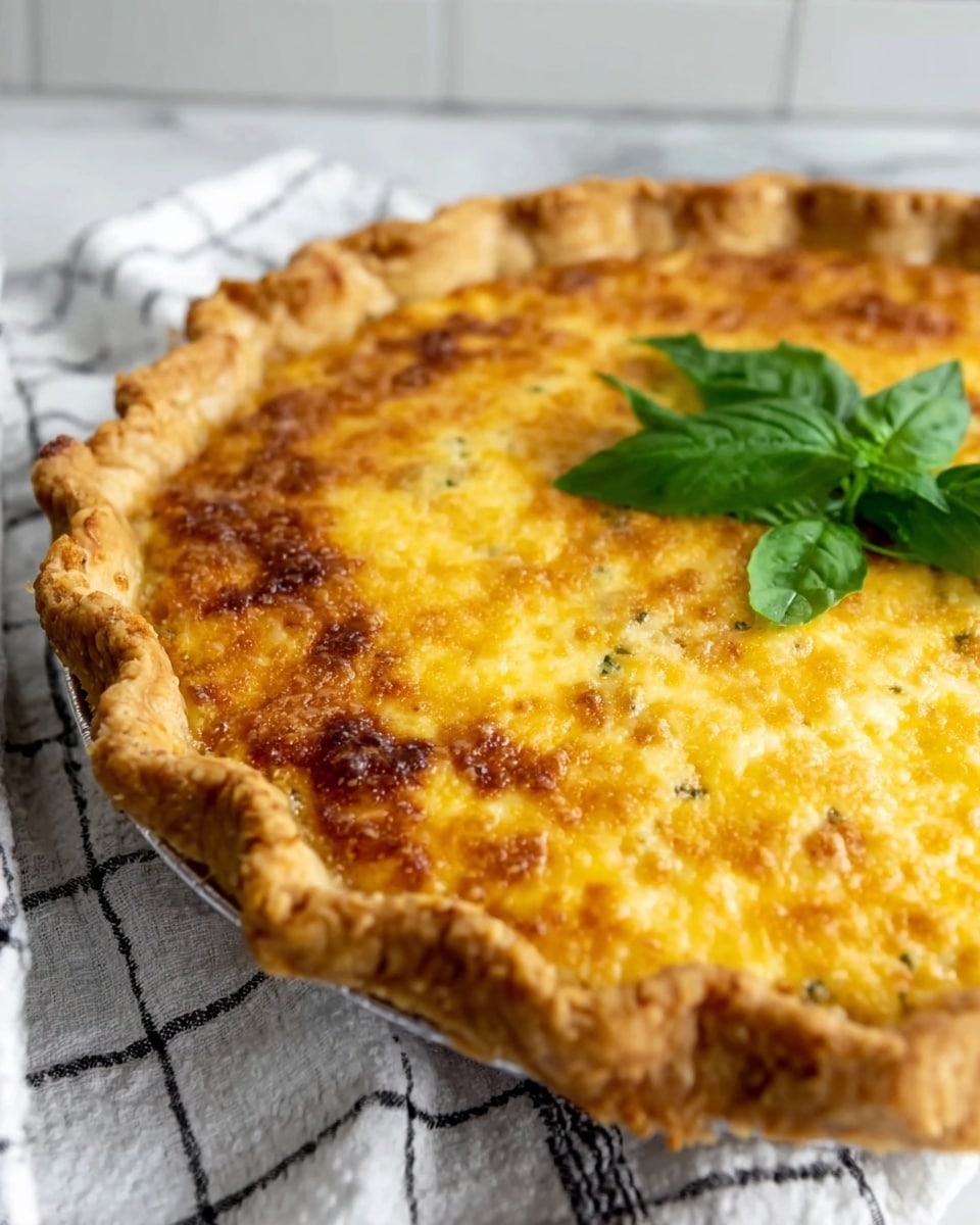 A close-up of a round pie with a golden brown crust that is thick and crimped around the edges. The pie filling is covered with a melted, bubbly layer of yellow and light brown cheese, giving a textured and slightly browned surface. On top of the cheese, near the edge, sits a small bunch of fresh green basil leaves. The pie rests on a white cloth with black stripes, all placed on a white marbled surface. photo taken with an iphone --ar 4:5 --v 7