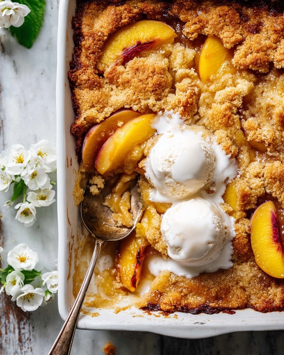 A close-up view of a white rectangular baking dish filled with a golden-brown baked dessert. The top layer is a crisp, textured crust with parts showing soft baked peach slices embedded in it. Two scoops of white cream or ice cream are melting on top, spreading creamy white areas over the warm dessert. A silver spoon rests inside the dish near the bottom left, slightly submerged in the dessert, and the background is a white marbled surface with small white flowers placed around. photo taken with an iphone --ar 4:5 --v 7