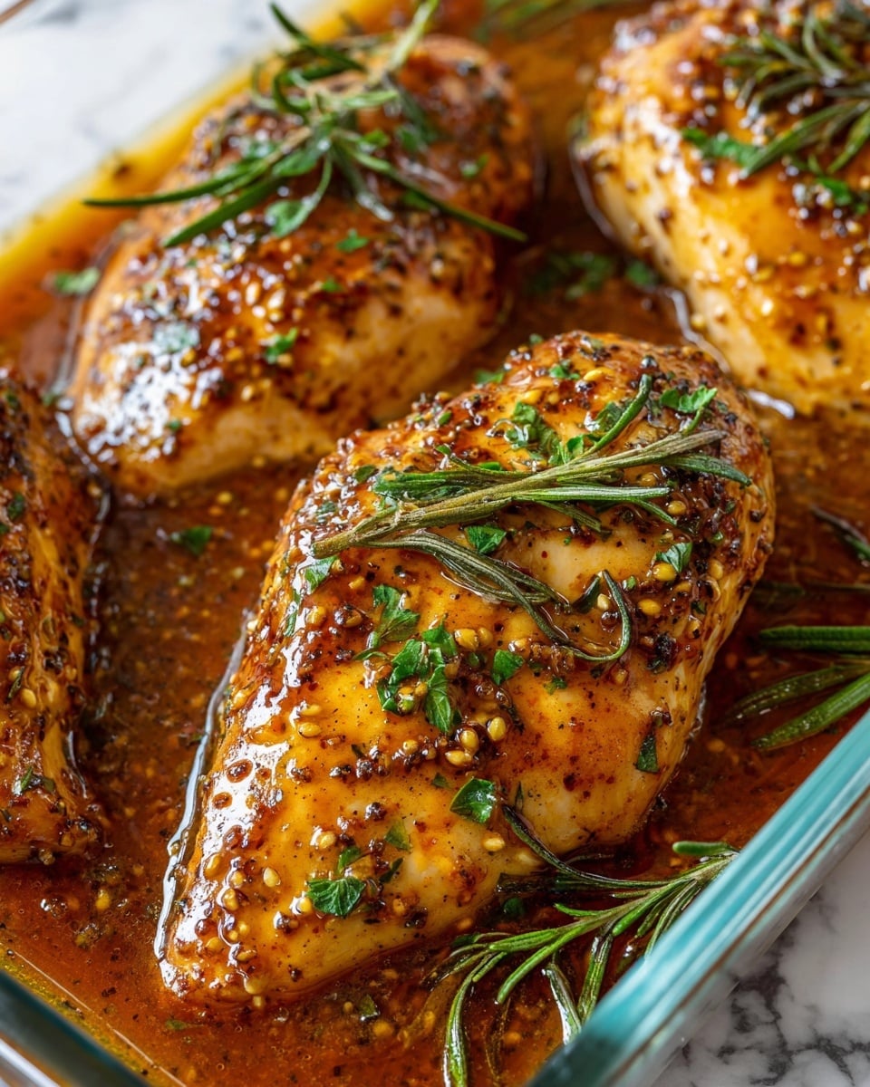 The image shows several cooked chicken pieces in a white baking dish, each coated with a shiny, golden yellow sauce mixed with whole grain mustard seeds creating a speckled texture. Fresh green parsley leaves are sprinkled over the chicken, adding a bright contrast. Dark brown sprigs of rosemary are spread among the chicken, partially submerged in the sauce which is glossy and thick, pooling around the pieces. The white marbled surface is just visible at the edges of the dish. The chicken has a smooth, moist texture with some browned areas from cooking photo taken with an iphone --ar 4:5 --v 7