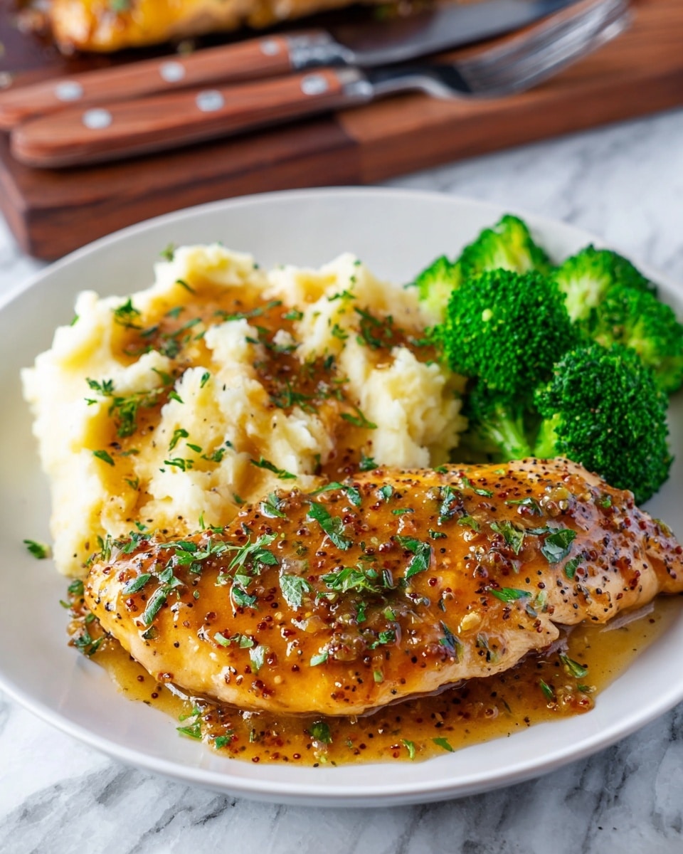 A white plate holds three main parts: at the front is a piece of glazed cooked chicken with a shiny mustard seed sauce, garnished with chopped green herbs, its surface smooth and glossy; behind it is a generous scoop of creamy mashed potatoes with a few lumps, topped with the same sauce and bits of herbs, with a soft texture; next to the potatoes is a small cluster of bright green broccoli florets with a fresh, slightly glossy look. A fork and a knife with a wooden handle rest at the upper left edge of the plate, on a white marbled surface background. Photo taken with an iphone --ar 4:5 --v 7