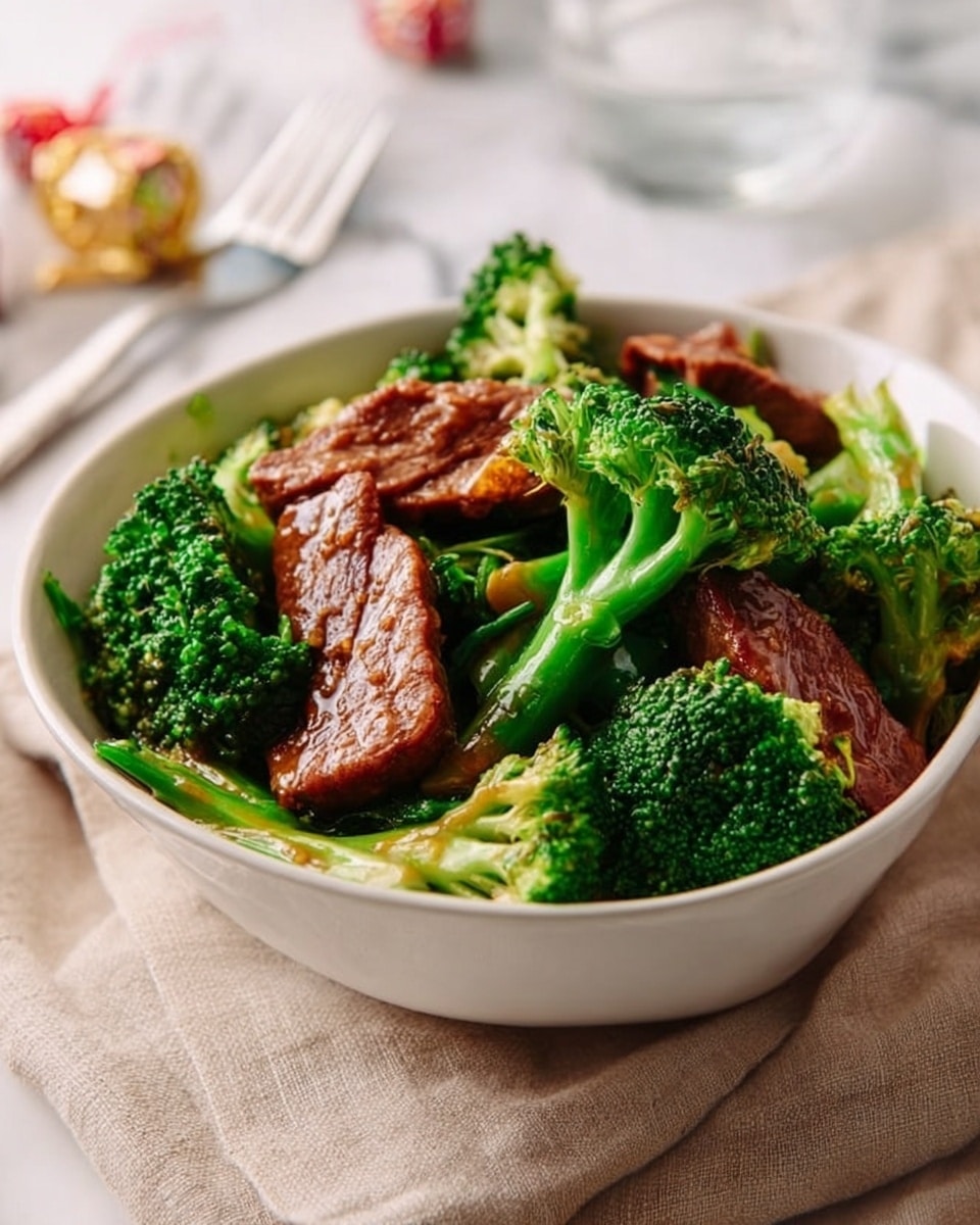 A white bowl is filled with several thick green broccoli florets and bright green broccoli stems mixed with slices of shiny, dark brown cooked meat. The meat pieces are placed unevenly on top of and between the broccoli, showing a glossy surface with a sauce coating. The bowl sits on a beige cloth and a white marbled surface can be seen in the background with a glass and some wrapped candy nearby, along with a woman's hand holding a fork. The image is bright and well-focused, showing a homey, fresh meal. photo taken with an iphone --ar 4:5 --v 7