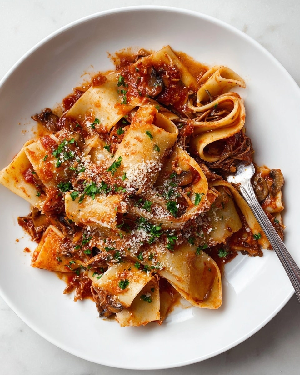 A white plate holds a serving of wide, flat pasta ribbons covered in a rich reddish-brown tomato-based sauce with visible small chunks of cooked mushrooms. The pasta layers fold and curl, with some pieces light orange from the sauce, and others showing a pale dough color. The dish is topped with green chopped parsley and a light sprinkling of grated cheese, adding a textured, slightly crumbly layer on one side. A silver fork is twirling some of the pasta near the bottom right of the plate. The whole scene is set on a white marbled surface. photo taken with an iphone --ar 4:5 --v 7