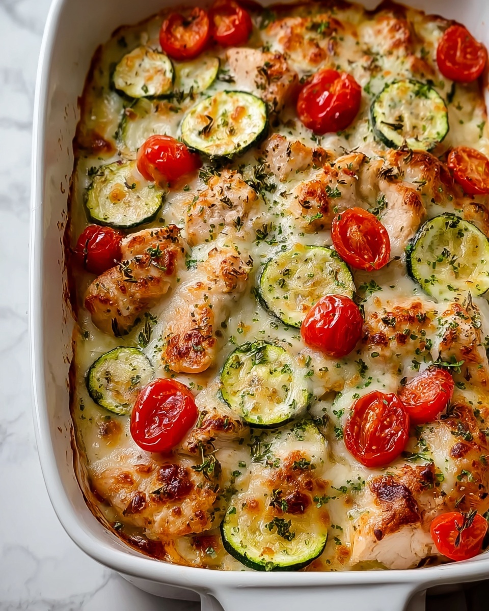 A white baking dish filled with a baked dish made of several layers: the bottom layer is light-colored cooked chicken pieces, topped with slightly browned melted cheese, and scattered slices of green zucchini and bright red cherry tomatoes. The cheese layer has golden brown spots with herbs sprinkled on top, creating a textured, bubbly look. The dish is placed on a surface with a white marbled texture. photo taken with an iphone --ar 4:5 --v 7