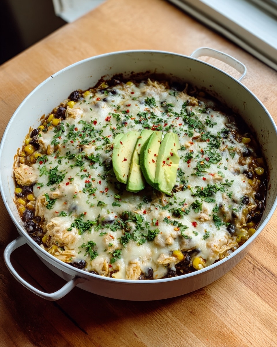A white pan filled with a layered dish sitting on a wooden table, first layer appears to be cooked shredded chicken mixed with black beans and corn, topped with a melted layer of white cheese that covers the whole surface, garnished with chopped green herbs scattered evenly on top, two small slices of avocado placed on the cheese, with small sprinkles of red chili flakes for color contrast, photo taken with an iphone --ar 4:5 --v 7