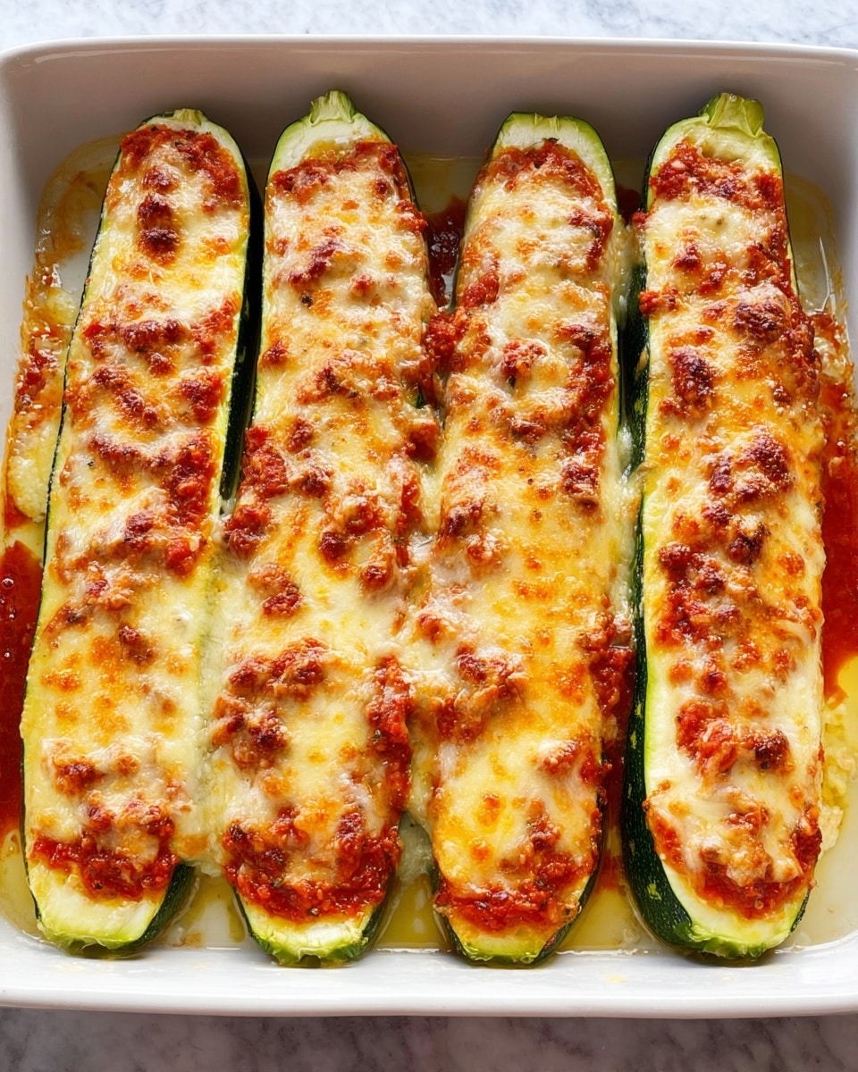 The dish shows six long zucchini halves laid side by side in a white baking dish on a white marbled surface. Each zucchini half is topped with a layer of chunky tomato sauce, covered by a thick layer of melted cheese that is golden brown and bubbly, with some darker browned spots on top. The zucchini skins are dark green and shiny around the edges, while the inside is pale green and soft under the toppings. The cheese layer looks textured with small melted lumps and a smooth melted surface across each zucchini strip. Photo taken with an iphone --ar 4:5 --v 7
