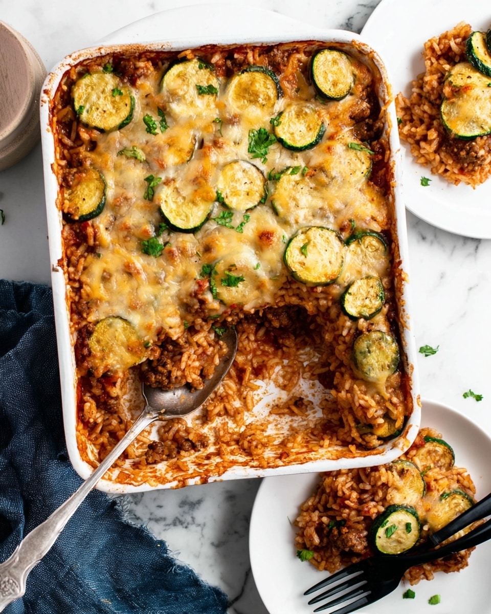 A clear glass baking dish filled with a baked casserole featuring a mix of several layers: the bottom layer appears to be soft, cooked ground meat mixed with small chunks of red tomatoes; scattered thin slices of green zucchini are spread evenly throughout the dish; melted white cheese forms the top layer in uneven patches, slightly browned in places giving a textured look; all ingredients are mixed together with a lightly moist texture and light brown to beige colors from the cooked meat visible; the dish rests on a woven mat atop a white marbled surface. photo taken with an iphone --ar 4:5 --v 7