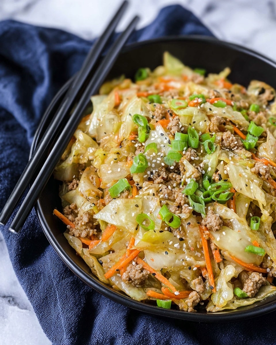 A close-up of a black pan filled with a stir-fry dish showing several layers of ingredients. The base layer is light yellow cooked cabbage pieces, mixed with thin orange carrot strips, topped with small light brown meat pieces. Green sliced spring onions are scattered on top, adding a fresh color contrast. A pair of black chopsticks held by a woman's hand is lifting a mix of cabbage, carrot, meat, and spring onion, all speckled with black pepper. The background is a white marbled texture. photo taken with an iphone --ar 4:5 --v 7