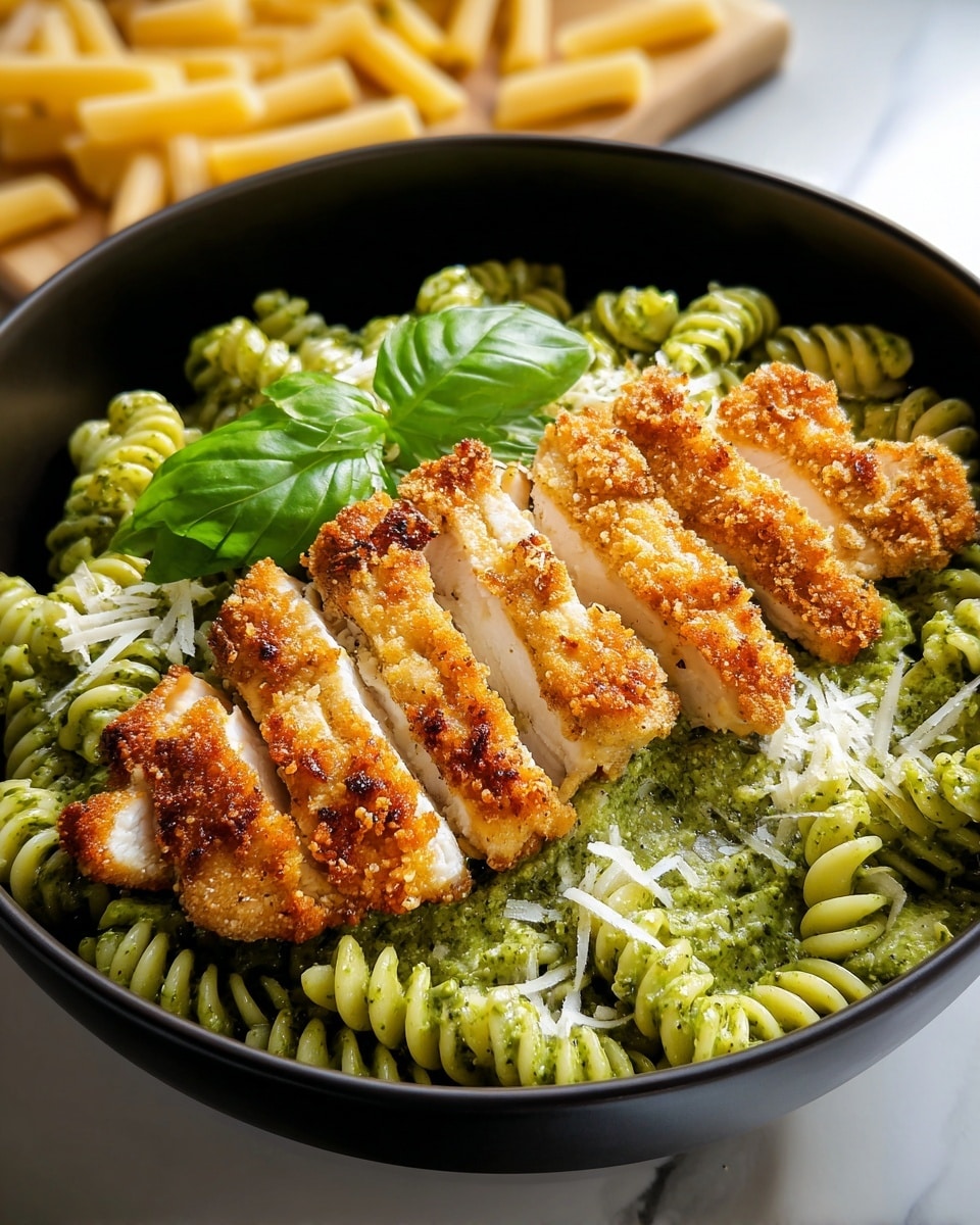 A white plate holds a bed of green pesto-coated fusilli pasta as the bottom layer, its spiral shapes covered evenly in sauce with a shiny texture. On top, there are evenly sliced pieces of golden-brown crispy chicken arranged in a fan shape, showing white meat inside. The chicken is sprinkled with a layer of finely grated light yellow cheese. A bright green fresh basil leaf sits on the cheese near the center, adding a pop of color. The plate rests on a white marbled surface. Photo taken with an iphone --ar 4:5 --v 7