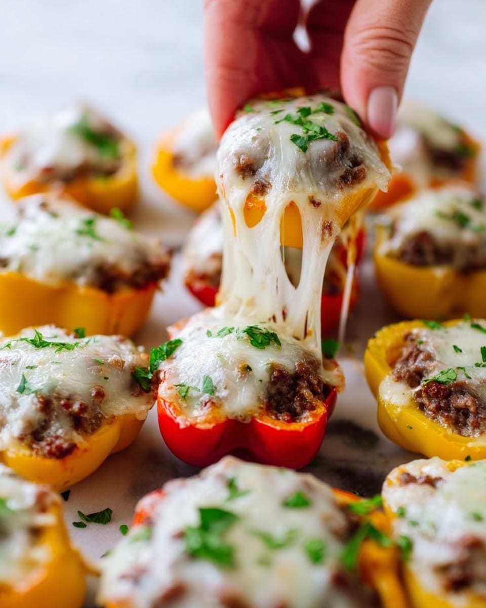 The image shows several stuffed mini bell peppers arranged closely on a white marbled surface. Each pepper is cut in half lengthwise, filled with a layer of cooked ground beef topped with a thick layer of melted white cheese that stretches slightly as a woman's hand lifts one pepper. The peppers vary in color, mostly yellow and red, and each one is sprinkled with small green parsley pieces for garnish. The texture of the melted cheese appears soft and stringy, while the beef filling looks dense and moist. The overall look is warm, cheesy, and fresh with vibrant color contrast between the peppers, meat, and parsley. photo taken with an iphone --ar 4:5 --v 7