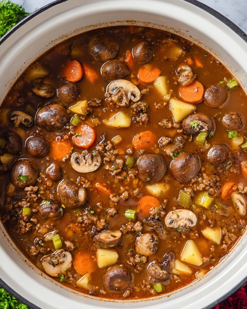 A close-up top view of a stew served in a large white pot, showing a rich brown broth filled with whole brown mushrooms evenly spread on the surface; beneath, there are visible bits of ground meat mixed with diced potatoes, diced celery, and round slices of bright orange carrots. The broth looks smooth and slightly glossy, with the vegetables and meat creating a layered, hearty texture. The pot sits on a white marbled surface with some greenery blurred in the background. photo taken with an iphone --ar 4:5 --v 7