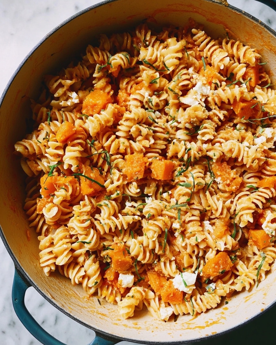 A close-up view of a large white pot filled with rotini pasta mixed with chunks of orange squash, small pieces of white cheese, and thin green herb strips scattered evenly throughout. The pasta is coated with a light orange sauce, giving it a warm color. The pot has a handle visible on the left side, and it is placed on a white marbled surface. Light is shining from above, highlighting the textures of the pasta and ingredients. photo taken with an iphone --ar 4:5 --v 7