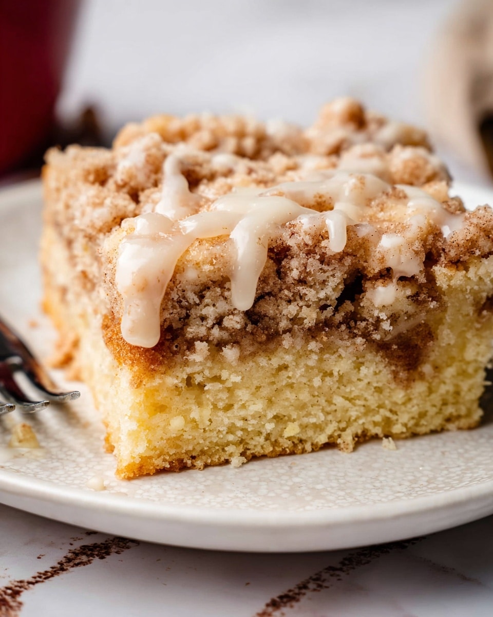 A close-up of a square piece of crumb cake on a white plate with a crumbly, golden brown top layer that is uneven and textured, drizzled with a light creamy glaze. Below the top is a light yellow cake layer that looks soft and spongy. In the middle is a slightly darker, cinnamon-spiced layer with small chunks that add texture, and the bottom layer is a light golden brown, firm base. The white plate sits on a white marbled texture surface, with a fork partially visible in the background. photo taken with an iphone --ar 4:5 --v 7