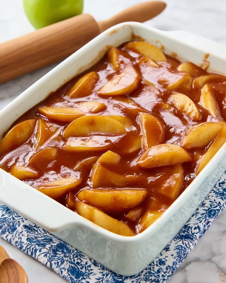 The image shows a white rectangular baking dish filled with several thick slices of soft cooked apples covered in a shiny, brown cinnamon sauce. The cooked apple slices are layered randomly, with the brown sauce giving a smooth and glossy texture on top. The dish is placed on a white marbled surface with a blue and white patterned cloth partially under the baking dish. A wooden rolling pin is positioned nearby, and part of a green apple is visible in the upper left corner of the frame. The light shines softly on the apples, highlighting their warm brown hue and thick sauce. photo taken with an iphone --ar 4:5 --v 7