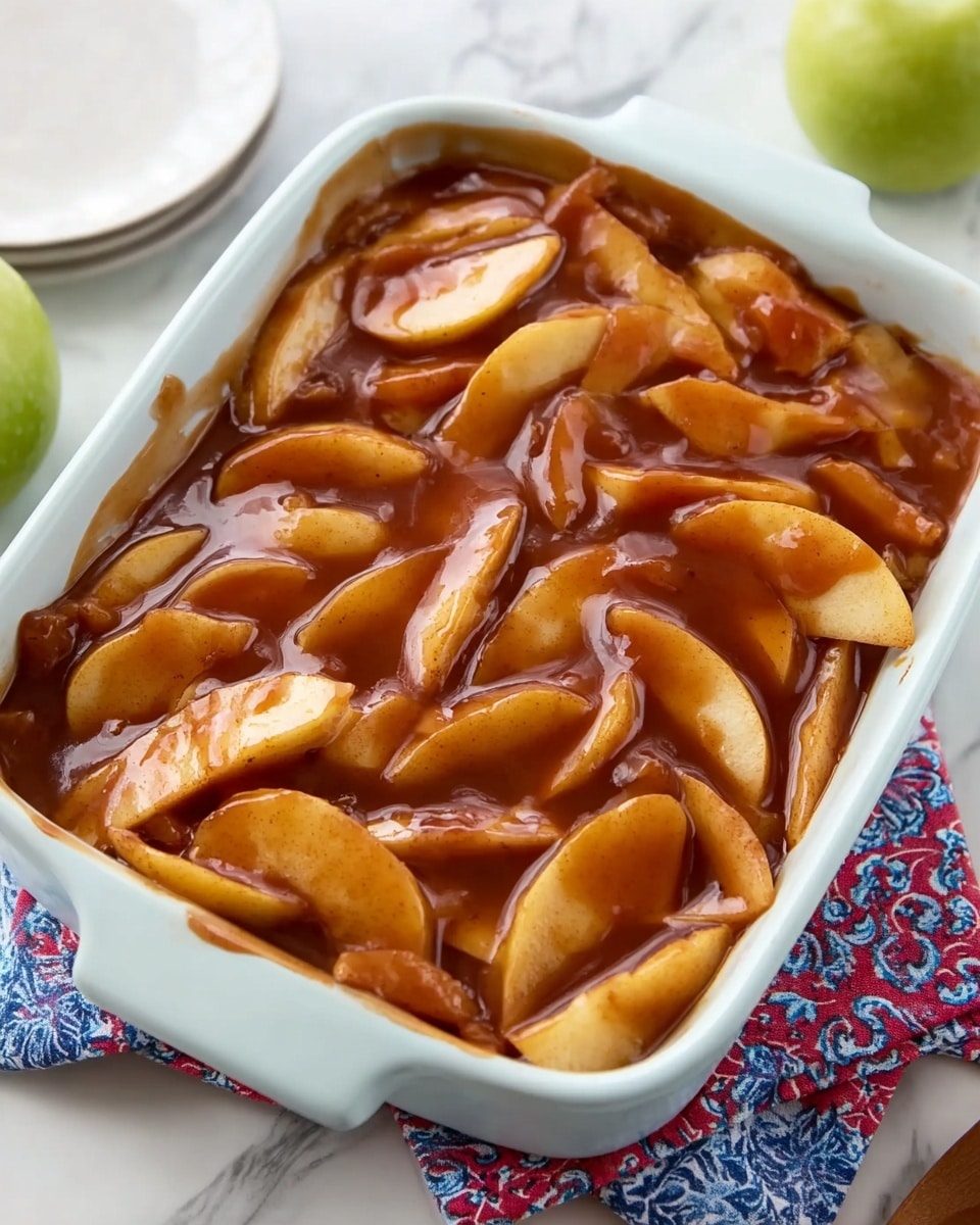 The image shows a white rectangular ceramic dish filled with sliced apple pieces covered in a thick, glossy, brown cinnamon sauce. The apple slices are mostly crescent-shaped, layered unevenly but filling the dish completely, with the sauce coating each piece, giving a shiny, sticky look. The dish sits on a white marbled surface with a blue and red patterned cloth underneath one side. Part of a woman's hand is visible near the bottom right corner, and a green apple is slightly visible in the soft background. photo taken with an iphone --ar 4:5 --v 7