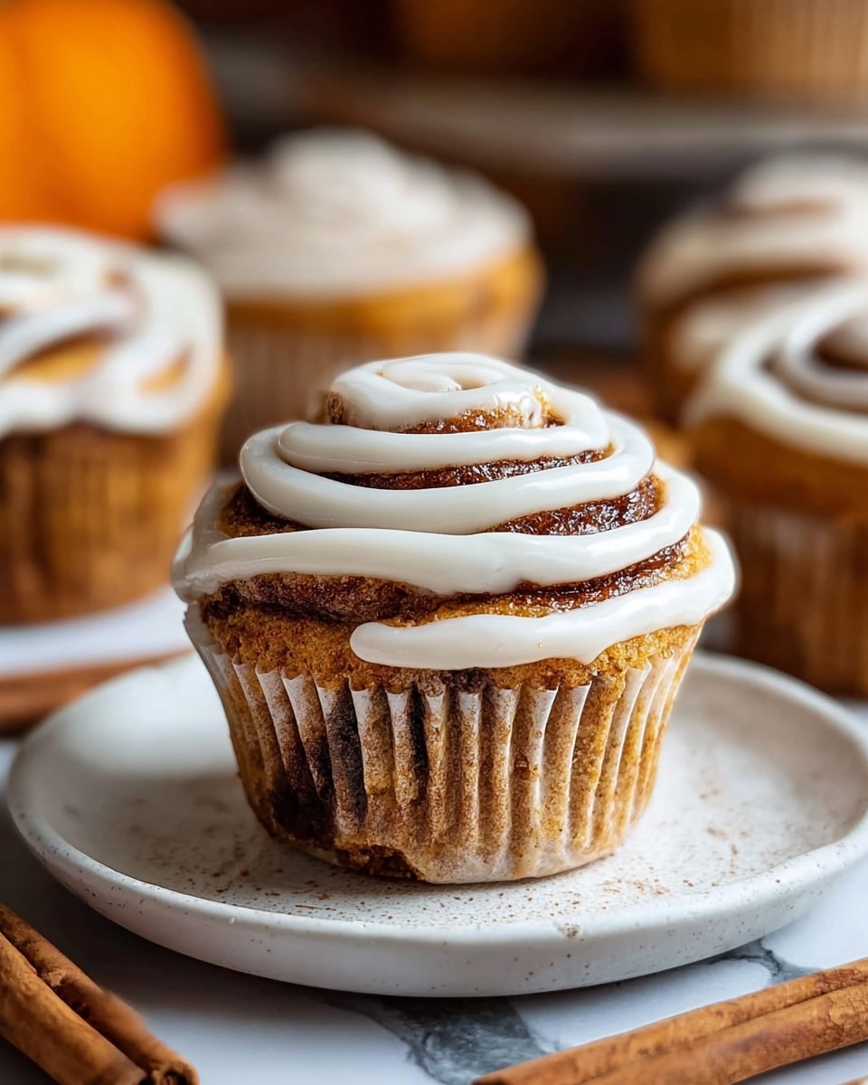The image shows a single cinnamon roll cupcake centered on a white plate with a white marbled surface underneath. The cupcake has a light brown base with visible dark brown cinnamon swirls inside the cake. On top, there is a thick layer of white icing drizzled in a spiral pattern matching the cupcake’s shape. The cupcake’s paper wrapper is white with light brown hints from the cake inside. Around the plate and blurred in the background, there are more similar cupcakes and cinnamon sticks, giving a warm, cozy feeling. Photo taken with an iphone --ar 4:5 --v 7