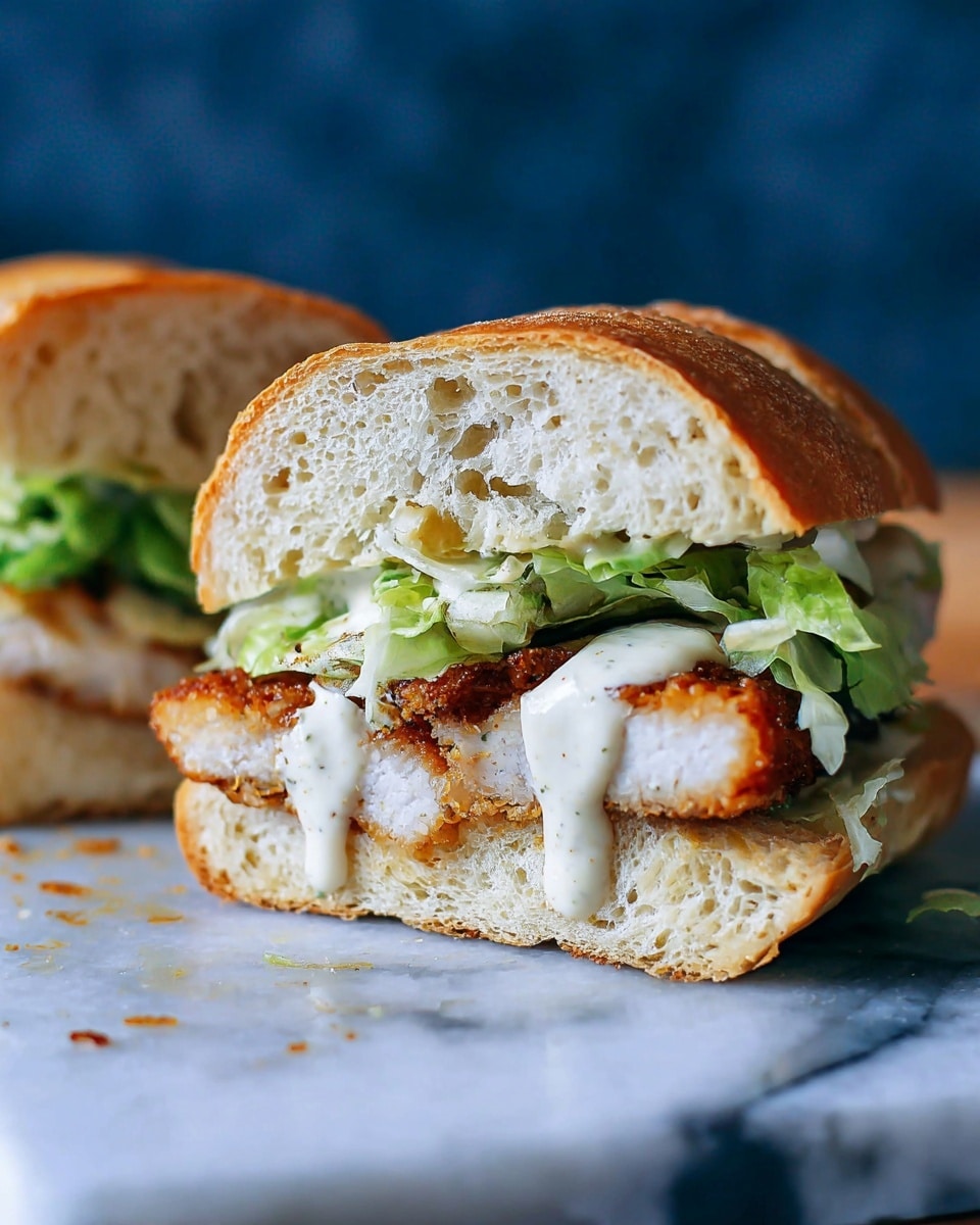 A sandwich is shown cut in half and placed on a white marbled surface. The sandwich has three main layers inside a crusty white bread roll: the bottom layer is thick and crispy with a golden-brown fried piece of meat, the middle layer is fresh green lettuce, and the top layer is a creamy white sauce that is dripping down over the meat and bread. The bread has a light, airy texture with a slightly crunchy, golden crust. The image is clear and focused on the sandwich front, with a blurred dark blue background. Photo taken with an iphone --ar 4:5 --v 7