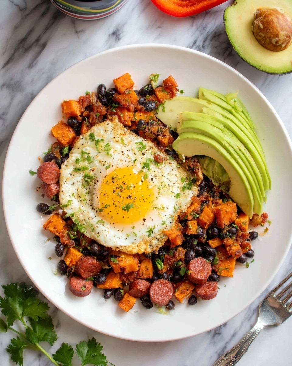 A white round plate sits on a white marbled surface. On the plate, there is a sunny-side-up egg with a bright yellow yolk at the center left. Surrounding the egg is a mix of small orange sweet potato cubes, black beans, and slices of reddish-brown sausage, all scattered evenly around the egg except at the top right of the plate. On the top right of the plate, there are six fan-shaped slices of fresh, pale green avocado, sprinkled with chopped green herbs. A silver fork rests on the right edge of the plate. Photo taken with an iphone --ar 4:5 --v 7