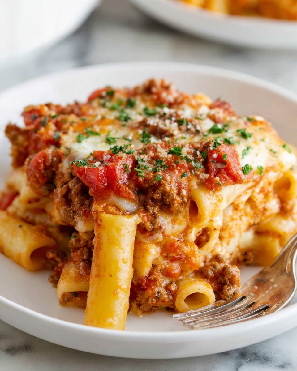 A white plate holds a layered serving of baked ziti with three visible layers: the bottom layer of cooked pasta tubes mixed with a rich, reddish-orange tomato sauce and browned ground meat, the middle layer of melted, golden cheese blending into the pasta, and the top layer of thick, white creamy cheese topped with small green herb pieces. In the background, a white baking dish filled with more baked ziti is slightly out of focus, resting on a white marbled surface with a blurred red tomato and green cloth nearby. photo taken with an iphone --ar 4:5 --v 7