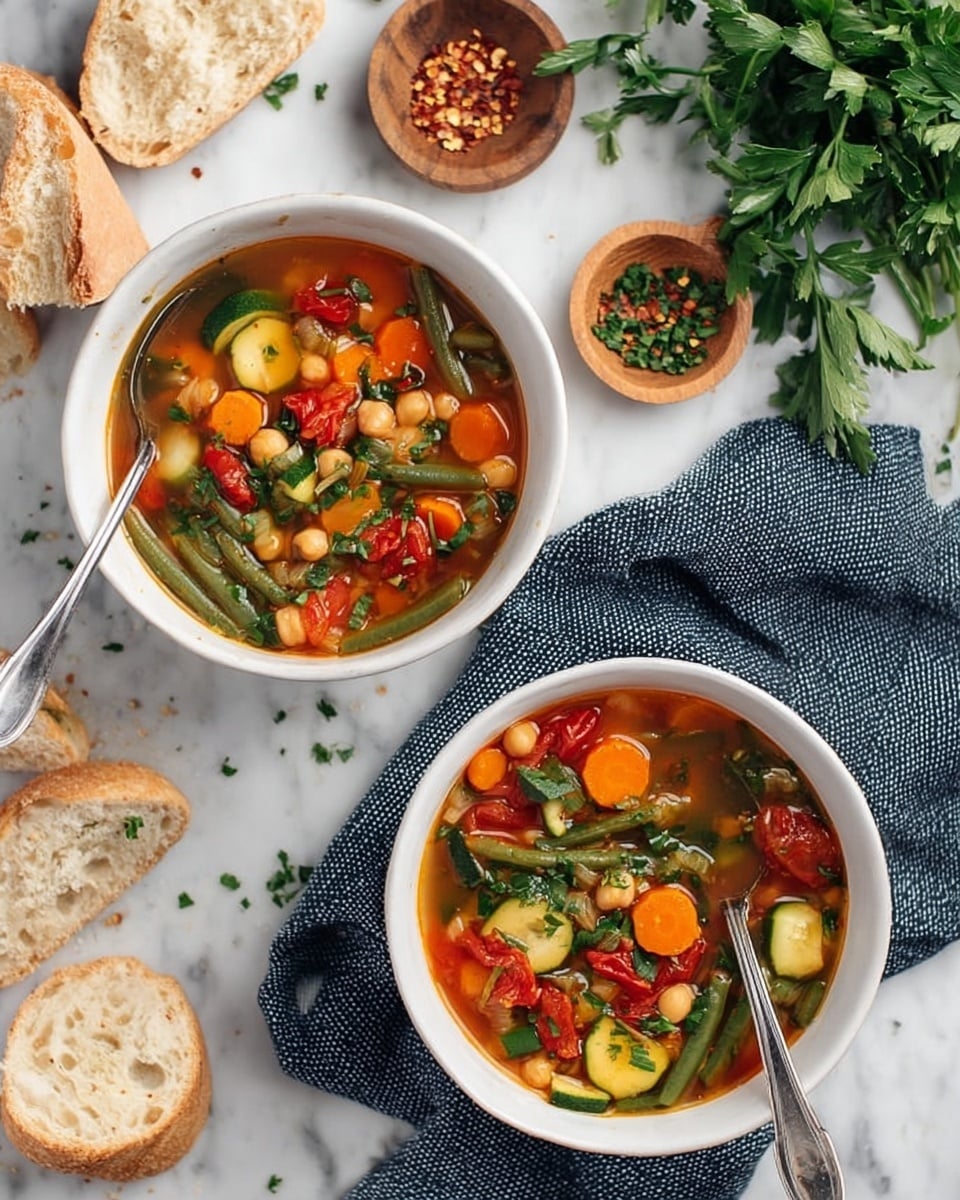 Two white bowls filled with vegetable soup are placed on a white marbled surface. Each bowl contains colorful layers of orange carrot slices, green beans, green zucchini cubes, red cherry tomatoes, chickpeas, and chopped herbs in a clear broth. Silver spoons rest inside the bowls. Around the bowls, there are pieces of sliced white bread, fresh green parsley, and small wooden dishes with red chili flakes and chopped herbs. A woman's hand is reaching from the top corner toward the bowls, and a blue knitted cloth and blue-white striped cloth sit beneath one of the bowls. photo taken with an iphone --ar 4:5 --v 7