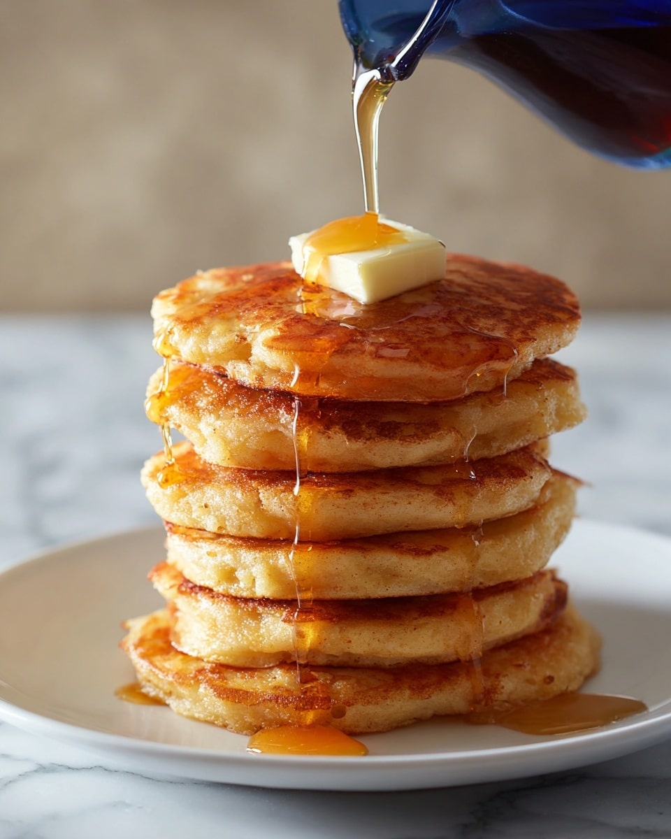 A stack of seven thick golden brown pancakes sits on a white plate on a wooden table. Each pancake has a soft texture and some syrup dripping down the sides. On top of the stack is a square pat of melting butter with syrup pooling around it. There is a folded cloth napkin with blue, white, and red stripes near the plate. A blue translucent glass is placed in the background on the right side. The background is a neutral light gray, and the table surface is white marble. Photo taken with an iphone --ar 4:5 --v 7