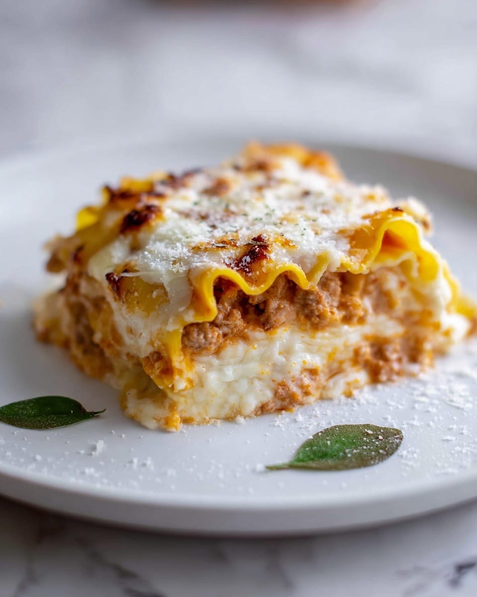 A single rolled piece of lasagna sits in the middle of a white plate on a white marbled surface. The lasagna has visible layers showing ruffled yellow pasta sheets, a bright orange meat sauce mixed with cheese, and a top layer covered with browned melted white cheese sprinkled with grated cheese. There are small green leaves on top and around the plate, adding color contrast. The photo taken with an iphone --ar 4:5 --v 7