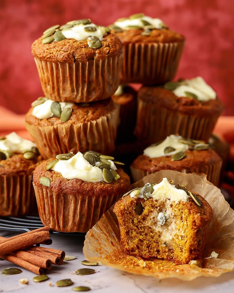 A close-up of a stack of eight pumpkin muffins with cream cheese filling on top and inside. The muffins are golden-brown with a soft texture and dotted with green pumpkin seeds on top. One muffin is broken open in the front, showing the smooth white cream cheese swirl inside. The muffins are placed on white parchment paper on a black wire rack, with two cinnamon sticks and scattered pumpkin seeds around them. The background is a blurred warm reddish-brown color, and the surface beneath is a white marbled texture. photo taken with an iphone --ar 4:5 --v 7