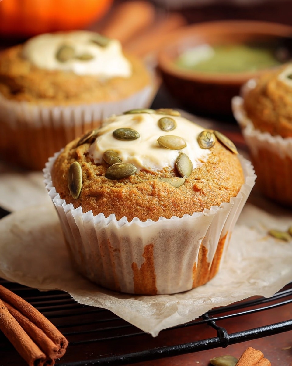 The image shows a close-up of a single muffin with a golden brown top and a slightly cracked surface, revealing a soft texture inside. It has a smooth, creamy white filling in the center of the top, decorated with scattered green pumpkin seeds and small pieces of nuts. The muffin is placed on an open white paper liner, sitting on a black wire rack over a wooden table. In the background, blurred muffins and a small bowl with sauce are visible. The colors are warm, focusing on the rich browns and creamy white filling, with a cozy, homey feel. photo taken with an iphone --ar 4:5 --v 7