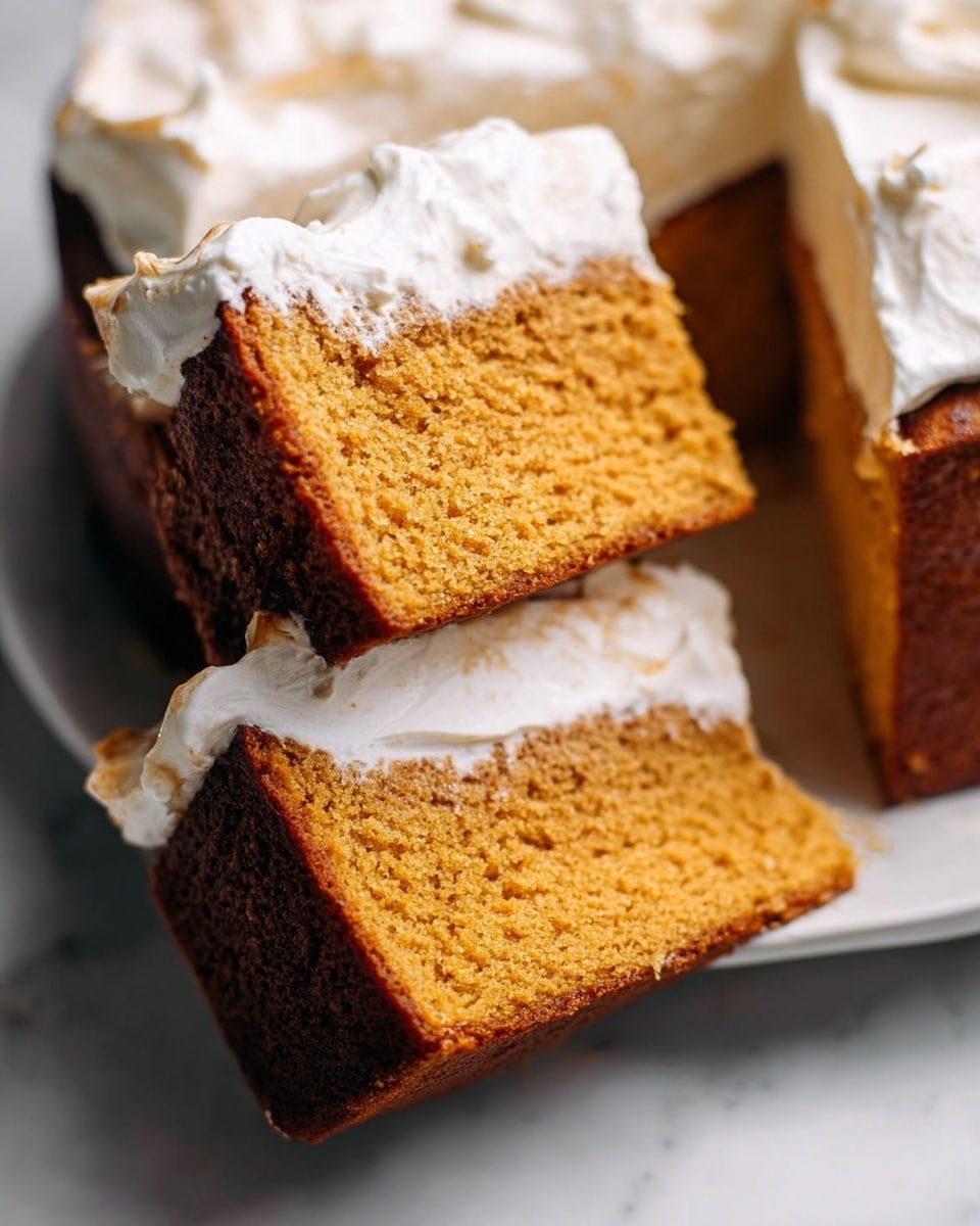 The image shows several thick slices of a dense, orange-colored cheesecake with a dark brown crust at the bottom. Each slice has a smooth yet firm texture, and they are laid on a large white plate. Between the slices, there is a thick layer of white cream that looks soft and fluffy, adding contrast to the orange slices. On the side, part of a woman's hand is seen holding a piece of the white cream, folding over the cheesecake. The background is a white marbled surface that enhances the colors of the cheesecake and cream. photo taken with an iphone --ar 4:5 --v 7