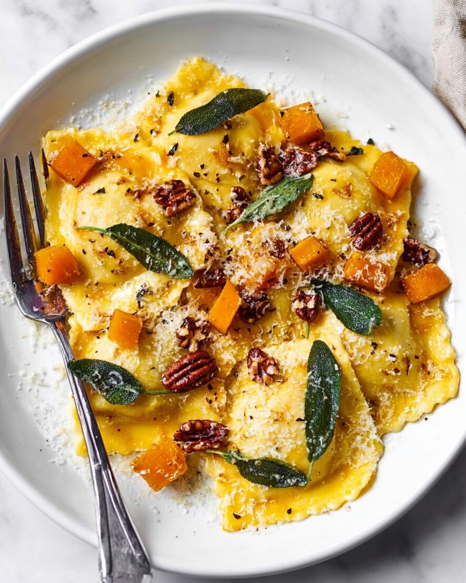 A white plate holds several square ravioli pieces that are pale yellow with slightly crimped edges, creating the bottom layer. On top, there are bright orange cubed pieces of cooked butternut squash scattered evenly. There are also dark green sage leaves placed over the ravioli and squash. Small pieces of pecans, brown and crunchy, are sprinkled over the top. A light dusting of grated white cheese covers the dish, adding a fine texture. Black pepper is visible as small dark spots across the meal. On the left side of the plate, a silver fork rests with its prongs facing down. The plate sits on a white marbled surface. Photo taken with an iphone --ar 4:5 --v 7
