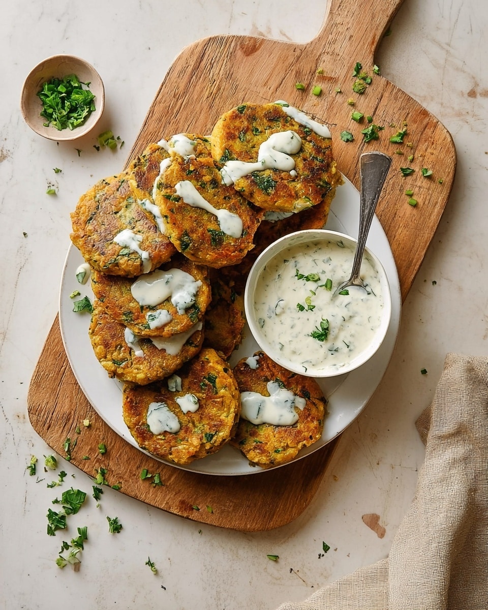 A white plate sits on a wooden board with about six flat, round, golden-orange fritters stacked and spread out, each with a rough texture and green herb flecks inside. White sauce is drizzled unevenly over the fritters, adding contrast. A small white bowl filled with a creamy white sauce with green herbs and a spoon inside rests on the plate’s right side. Around the plate, green chopped herbs are scattered on the white marbled surface for decoration. In the background, a smaller white bowl with more green herbs is visible, along with a glass jar and a beige cloth to the right. Photo taken with an iphone --ar 4:5 --v 7