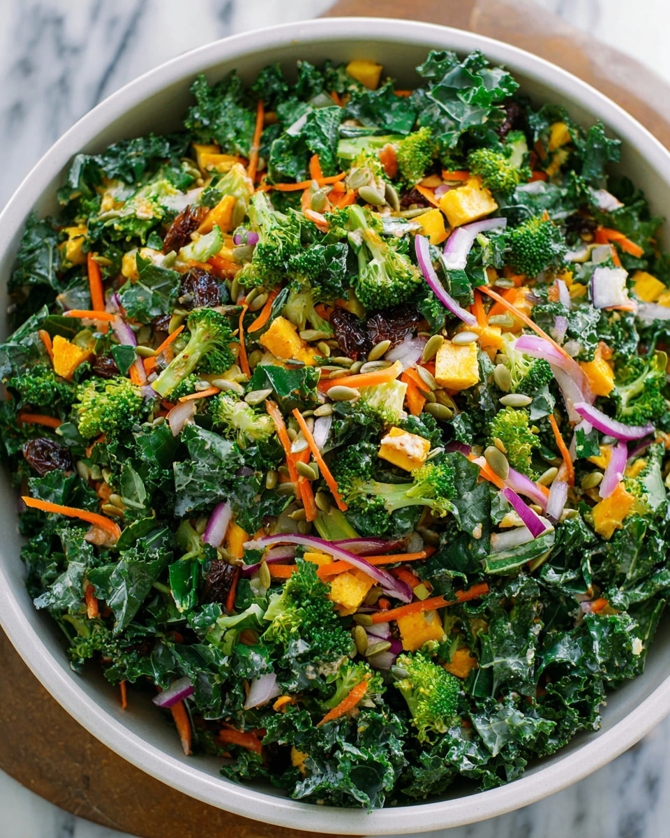The image shows a close-up of a salad with multiple colorful layers. At the bottom, there is a layer of bright green kale leaves with a rough texture. Mixed throughout, there are small pieces of orange sweet potatoes with a soft, cooked look and some dark green broccoli florets. Scattered on top, there are finely chopped red onions adding a light purple color and chopped nuts or seeds giving small brown bits with a crunchy look. A woman's hand holding a wooden spoon is seen mixing the salad. The background is a white marbled texture. Photo taken with an iphone --ar 4:5 --v 7