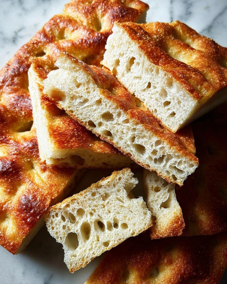 The image shows several pieces of focaccia bread, with one square piece placed on top at the center. The focaccia has a golden brown crust on the top, with visible salt crystals and dimpled texture. The inside of each piece is light and airy with many holes, showing a soft, white crumb. The slices are arranged close together on a white marbled surface, with the toasted edges contrasting with the soft interior. The photo taken with an iphone --ar 4:5 --v 7