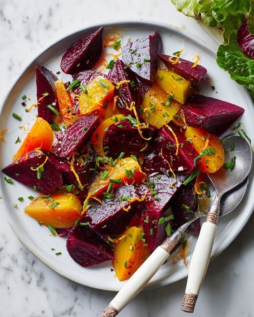 The dish shows a white oval plate filled with chunks of roasted golden yellow and deep red beets, each piece glossy with a light sheen and evenly cut into thick irregular cubes. The beets are mixed together, showing a textured surface with the golden yellow ones smooth and the red ones slightly shiny and speckled. There are a few small sprigs of fresh green thyme laid on top for decoration. The plate sits on a white marbled surface with some silver salt and pepper shakers and a vintage silver spoon nearby. photo taken with an iphone --ar 4:5 --v 7