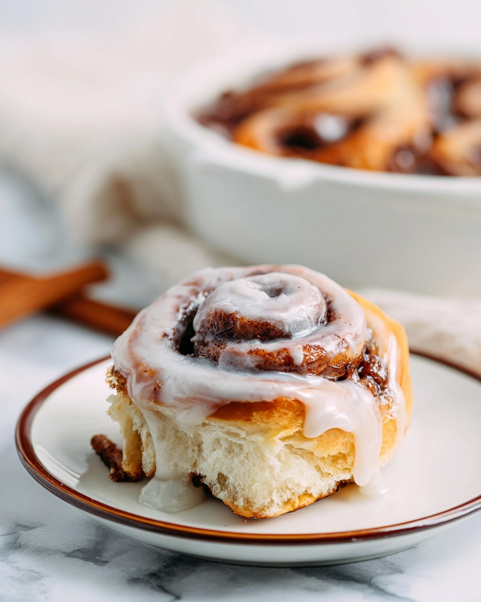 A single cinnamon roll sits in the center of a white plate with a thin brown rim, showing three visible layers: the soft, golden-brown dough forming the base and sides, the dark brown cinnamon filling spiraled in the middle, and a creamy white icing drizzled unevenly on top and along the side, partially melting into the roll. The plate rests on a white marbled textured surface with blurred cinnamon sticks and a white bowl visible in the background. The lighting is soft and natural, highlighting the textures of the roll and icing. photo taken with an iphone --ar 4:5 --v 7