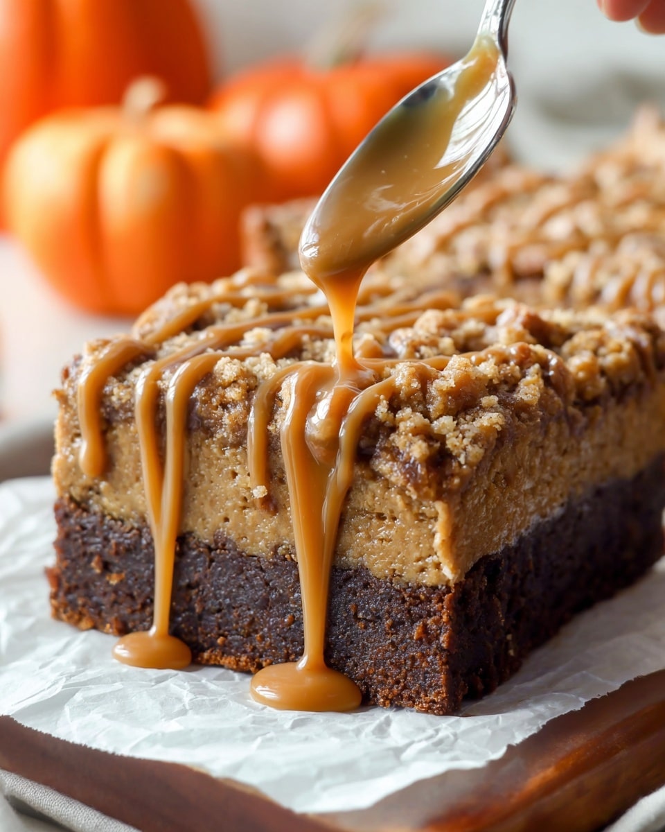 A close-up view of a square loaf with a crumbly brown top layer covered by thick, smooth caramel sauce being drizzled from a spoon held by a woman's hand above it. The loaf has a dense, dark brown base and a lighter, crumbly texture on top, with the caramel sauce flowing and pooling slightly on the white parchment paper beneath. The background shows a soft white marbled surface with blurred orange pumpkins. photo taken with an iphone --ar 4:5 --v 7