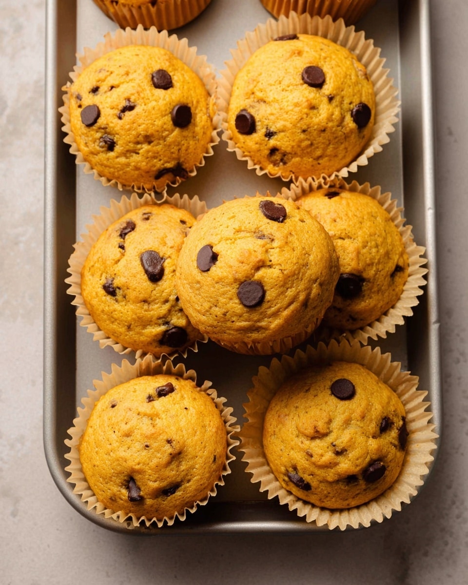 Seven golden brown muffins with dark chocolate chips are displayed on a white marbled baking tray. Each muffin is wrapped in a light beige paper liner with ridges. The muffins have a cracked, slightly rough texture on top, with chocolate chips embedded throughout their rounded tops and sides. The scene is simple and warm, with soft shadows highlighting the muffins' fluffy, spongy texture. photo taken with an iphone --ar 4:5 --v 7