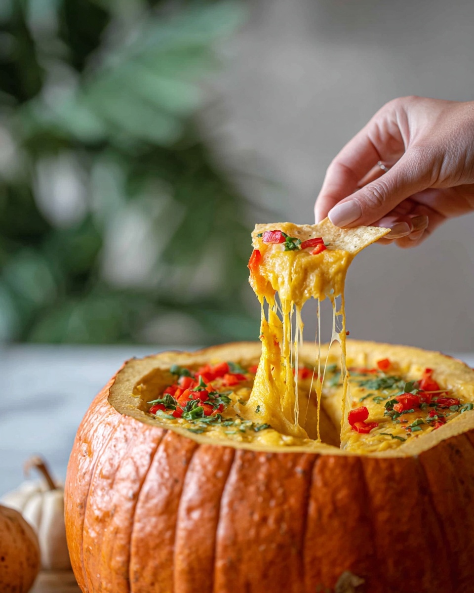 A large orange pumpkin hollowed out and filled with a creamy, melted yellow cheese dip mixed with small red pepper pieces and green herbs, with the cheese stretching as a woman's hand lifts a white chip covered in the cheesy mixture from the pumpkin, all set against a white marbled textured background photo taken with an iphone --ar 4:5 --v 7