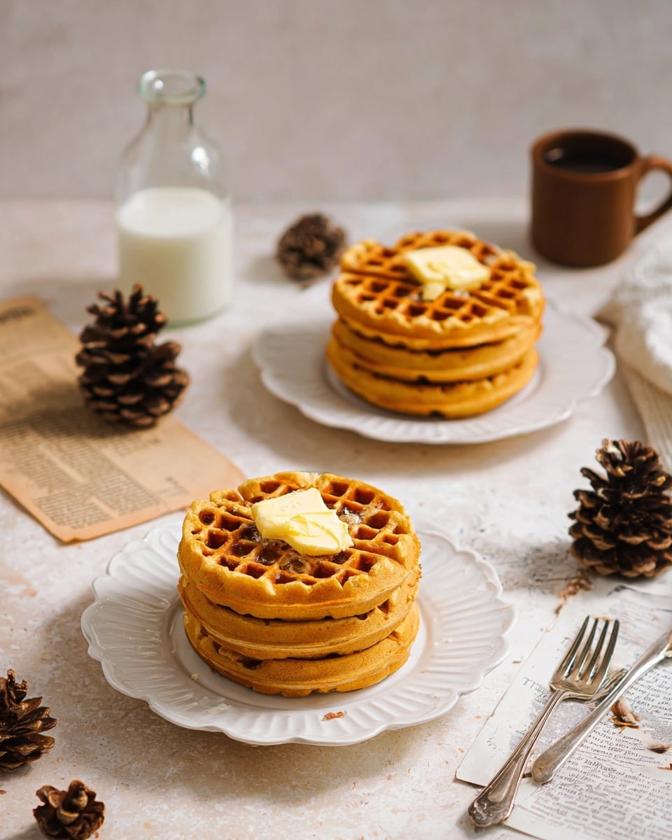 The image shows two stacks of six golden-brown waffles each, placed in the center of two white scalloped plates, both topped with a square of pale yellow butter melting slowly. The waffles have a crispy texture with clear grid patterns and are evenly illuminated by soft light. Behind the nearest stack is a clear glass bottle filled halfway with white milk and to its left, a brown mug adds contrast. There are two silver forks lying next to the far right plate on a white marbled surface, along with two pine cones and some torn vintage-style paper at the front left under the closest plate. The whole scene is set against a white marbled background, creating a warm and cozy breakfast atmosphere photo taken with an iphone --ar 4:5 --v 7
