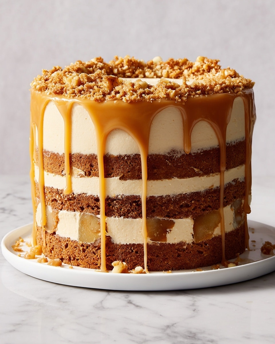 A tall cake with four thick layers of brown cake stacked with two layers of light brown filling in between. The outside is covered with smooth light cream frosting, topped with crumbly brown bits. Thick caramel sauce drips down the sides in shiny golden streams. The cake sits on a white plate placed against a white marbled background. photo taken with an iphone --ar 4:5 --v 7