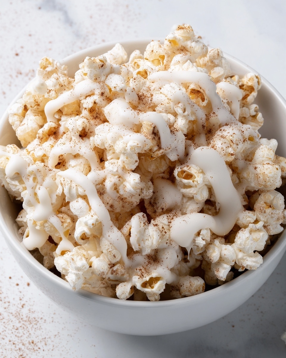 The image shows a close-up of a spread of caramel-coated popcorn with a drizzle of white chocolate on top. The popcorn pieces are golden brown and glossy from the caramel, creating a smooth and shiny texture. The white chocolate drizzle is light and creamy, creating thin, irregular stripes across the popcorn. The popcorn is placed on a piece of parchment paper, with a white marbled surface visible beneath it. Photo taken with an iphone --ar 4:5 --v 7