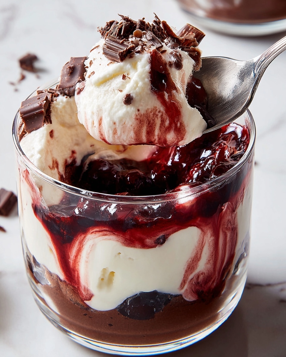 The image shows a clear glass filled with five visible layers. At the bottom, there is a dark brown layer of chocolate cake soaked with red fruit sauce. Above it is a white creamy layer mixed partially with the red fruit sauce, giving a swirled effect. Next comes a thick smooth chocolate mousse layer in deep brown. On top of this mousse is another layer of chocolate cake cubes, darker and chunkier, surrounded by a white creamy layer. Finishing the dessert is a thick white whipped cream layer crowned with small chocolate curls. The glass sits on a white marbled surface with a silver spoon nearby, and similar glasses appear blurred in the background. Photo taken with an iphone --ar 4:5 --v 7