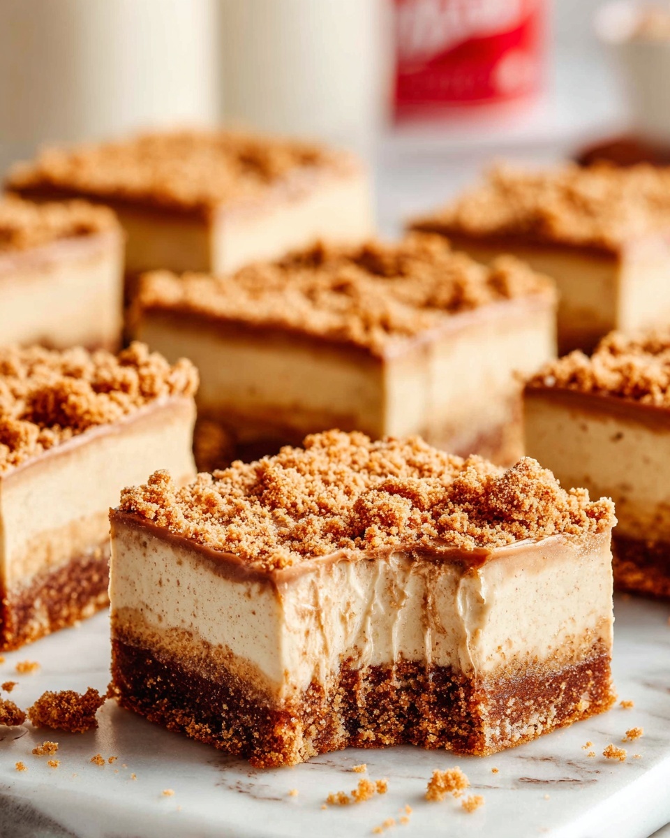 The image shows neatly arranged square pieces of a thick, light brown cake with a smooth texture. Each piece has a shiny caramel-colored sauce drizzled over the top, with some sauce dripping slightly down the sides. There are small crumbly bits sprinkled on top of the sauce, adding a rough texture contrast. The squares are placed close together on a white marbled surface, and the scene is well lit to highlight the moistness and richness of the dessert. photo taken with an iphone --ar 4:5 --v 7