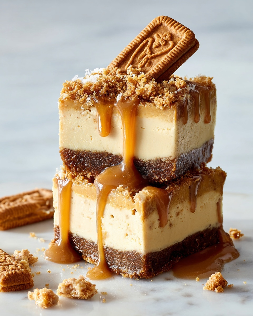 The image shows several square pieces of a dessert with three clear layers. The bottom layer is a thick, dark brown crumbly crust. The middle layer is a dense, creamy light beige cheesecake filling with a smooth texture and small air holes. The top layer is a thick, slightly lighter brown frosting with a smooth surface and some soft peaks around the edges, covered with a crumbly topping that looks like crushed biscuits sprinkled all over. One piece in the front has a bite taken out showing the inside layers clearly. All pieces are placed on a white marbled surface photo taken with an iphone --ar 4:5 --v 7