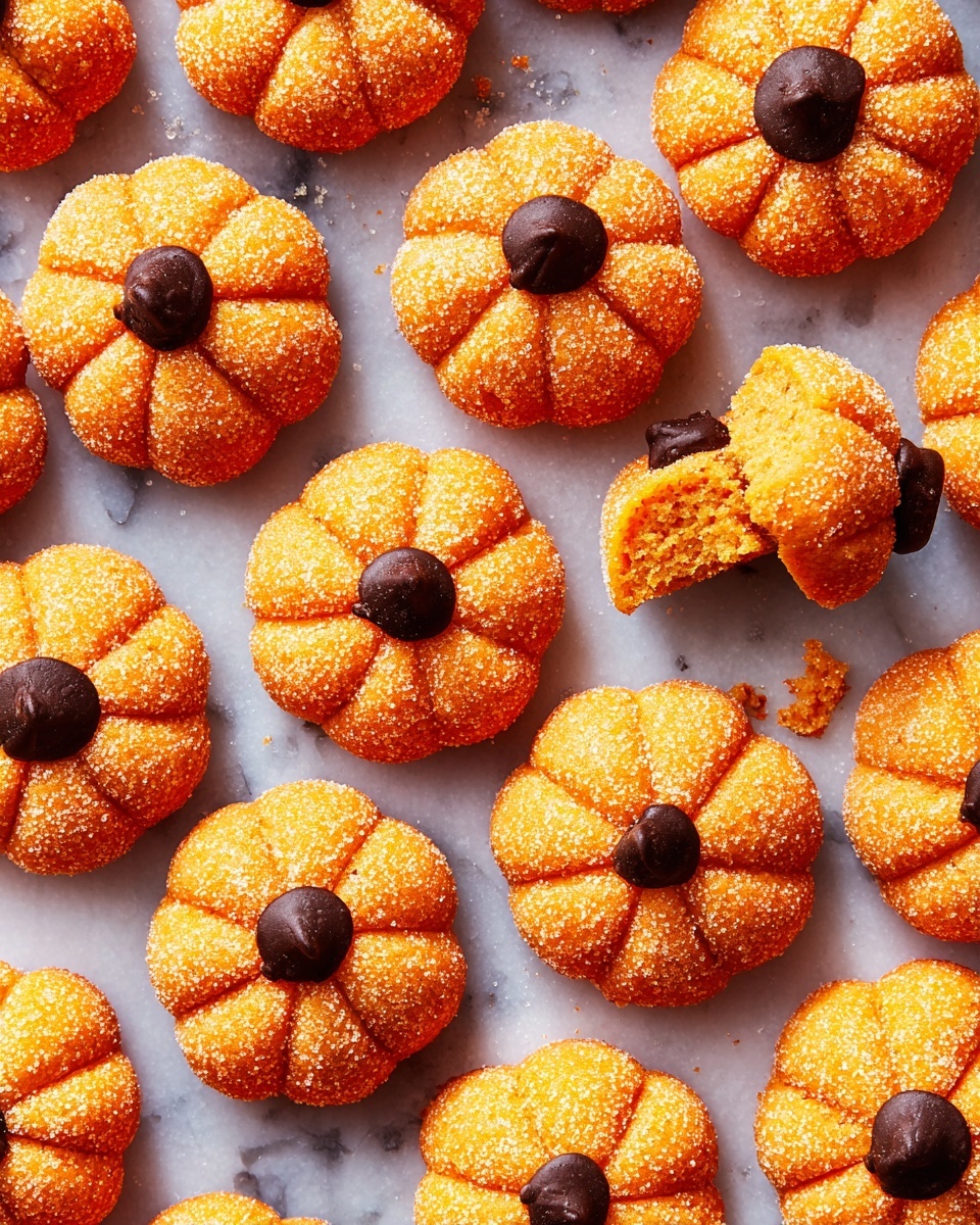 A single round pumpkin-shaped cookie is shown close up, covered in large, shiny orange sugar crystals that give it a textured and sparkling look. The cookie has five curved sections that mimic the shape of a small pumpkin, with clear deep lines separating each segment. On top in the center, there is a small dollop of dark chocolate with a smooth texture and a slight shine. The cookie is placed directly on a white marbled surface. photo taken with an iphone --ar 4:5 --v 7