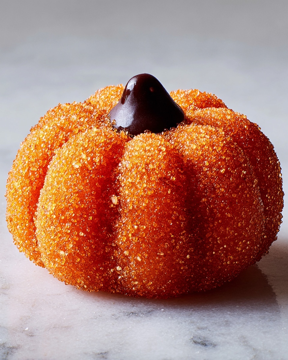 Round pumpkin-shaped cookies are spread out on a white marbled surface, each cookie with six carved lines on top giving a ridged texture. The cookies have a sparkling orange sugar coating and a small black candy like button placed in the middle, resembling a pumpkin stem. One cookie is shown broken in half, revealing its soft light yellow inside with a small black candy dot near the edge. Photo taken with an iphone --ar 4:5 --v 7